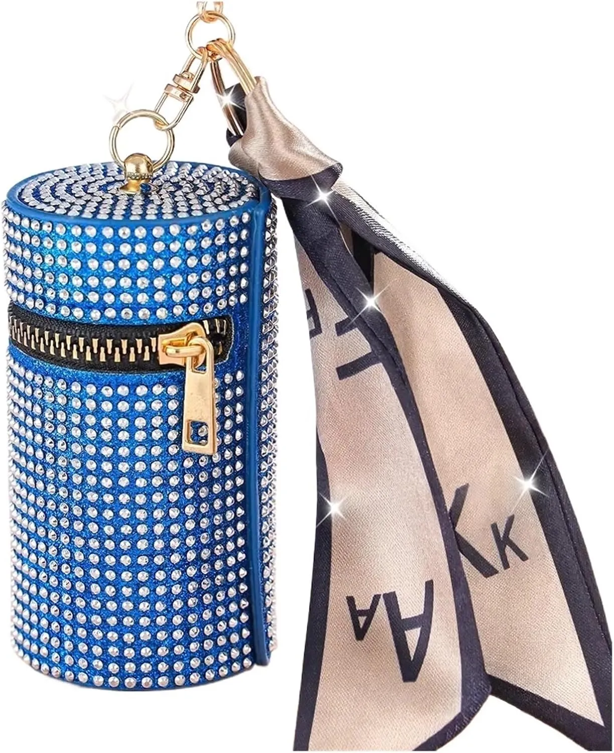 Rhinestone Purse Cylindrical Mini Rhinestone Lipstick Bag With Silk Scarf Keychain Women Portable Zipper Coin Purse Coin Bag(Blue)