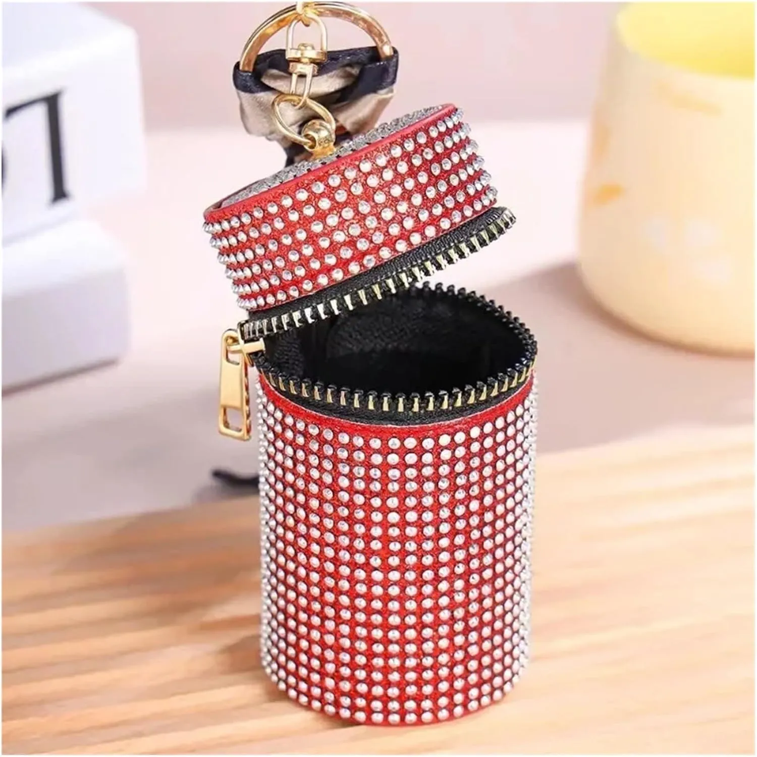 Rhinestone Purse Cylindrical Mini Rhinestone Lipstick Bag With Silk Scarf Keychain Women Portable Zipper Coin Purse Coin Bag(Blue)