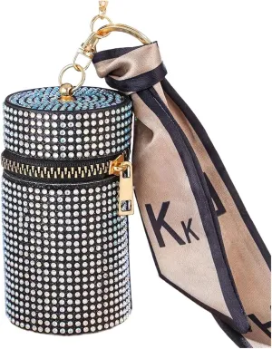 Rhinestone Purse Cylindrical Mini Rhinestone Lipstick Bag With Silk Scarf Keychain Women Portable Zipper Coin Purse Coin Bag(Colorful)