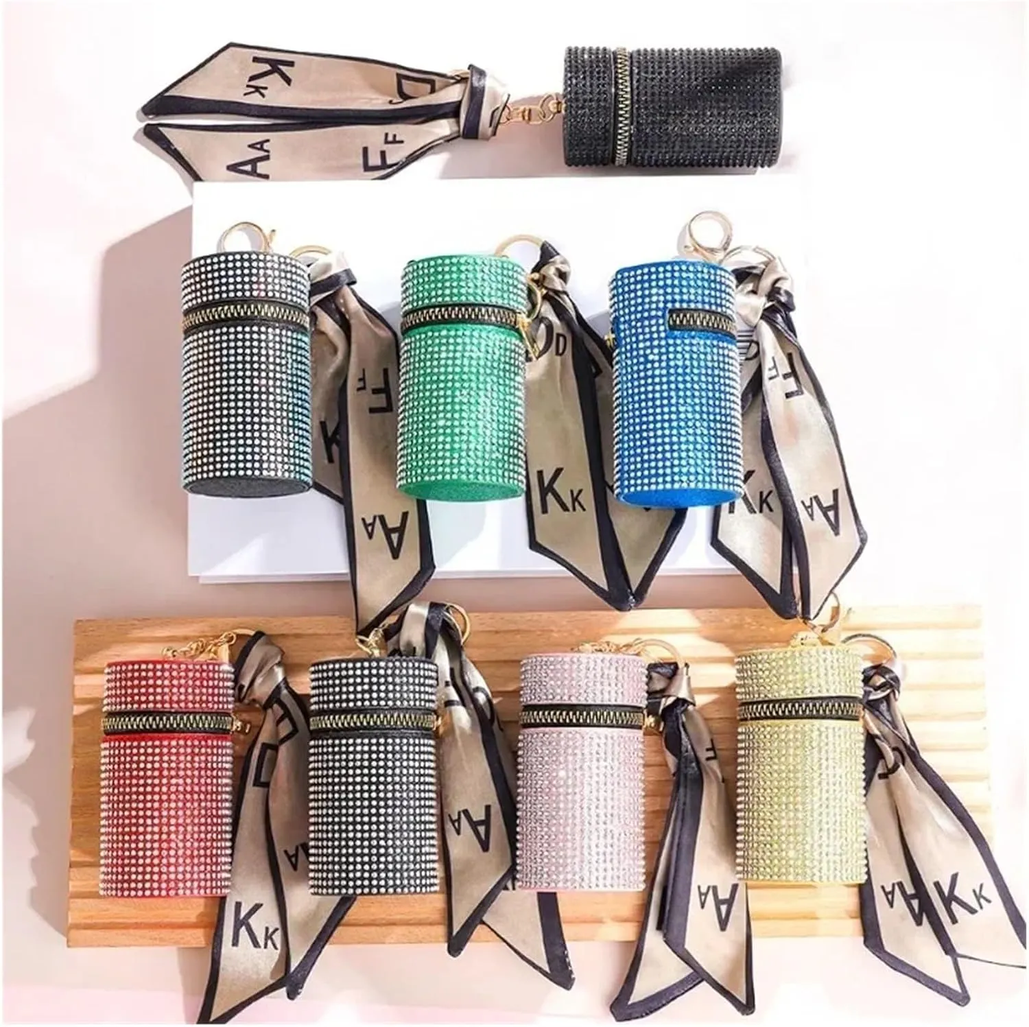 Rhinestone Purse Cylindrical Mini Rhinestone Lipstick Bag With Silk Scarf Keychain Women Portable Zipper Coin Purse Coin Bag(Colorful)