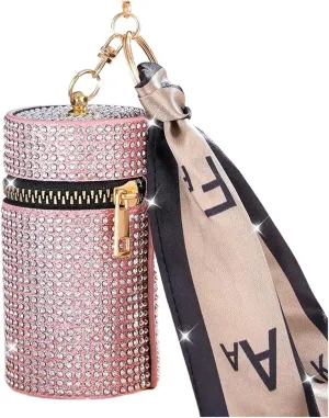 Rhinestone Purse Cylindrical Mini Rhinestone Lipstick Bag With Silk Scarf Keychain Women Portable Zipper Coin Purse Coin Bag(Pink)