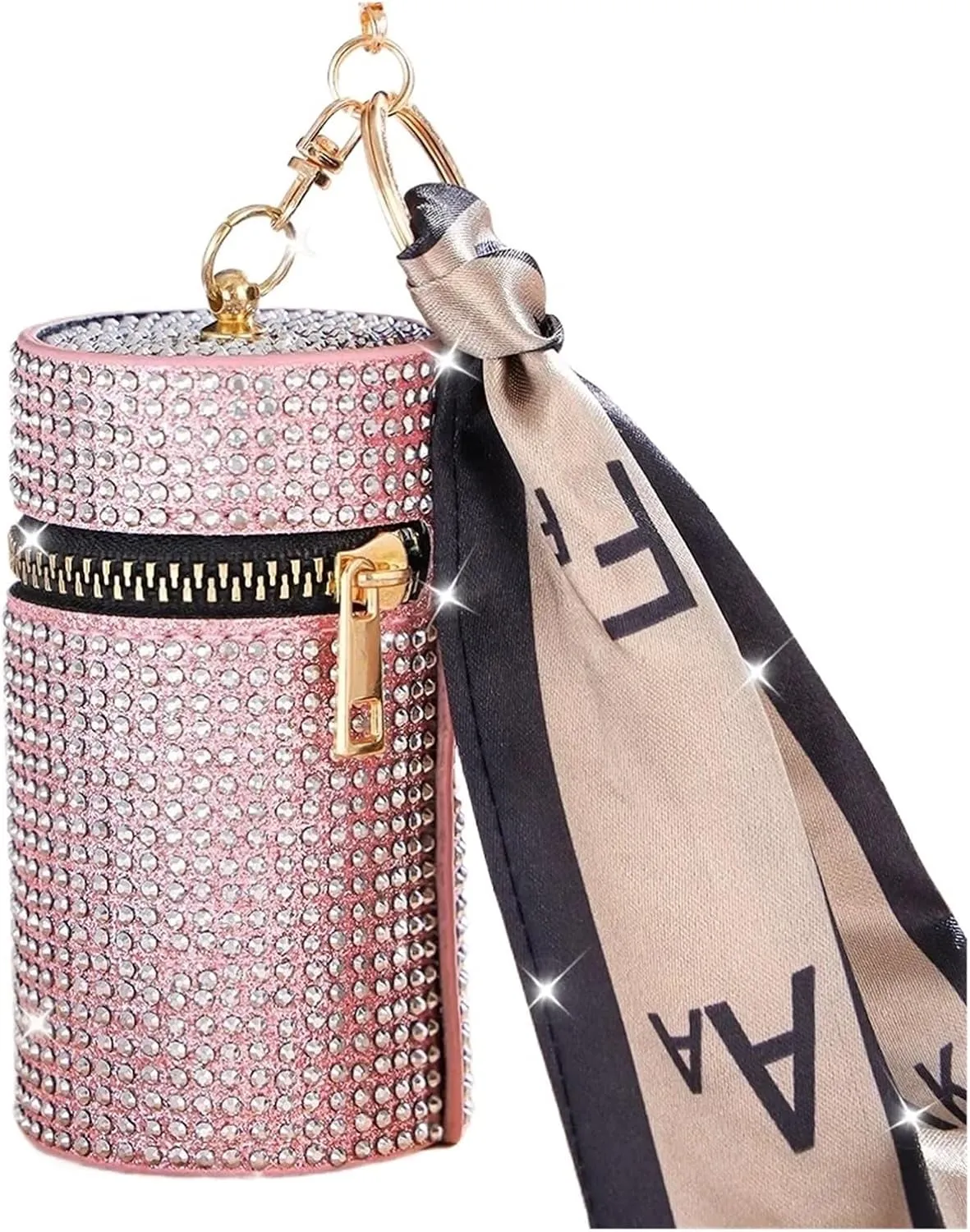 Rhinestone Purse Cylindrical Mini Rhinestone Lipstick Bag With Silk Scarf Keychain Women Portable Zipper Coin Purse Coin Bag(Pink)