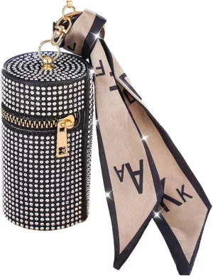 Rhinestone Purse Cylindrical Mini Rhinestone Lipstick Bag With Silk Scarf Keychain Women Portable Zipper Coin Purse Coin Bag(Silver)