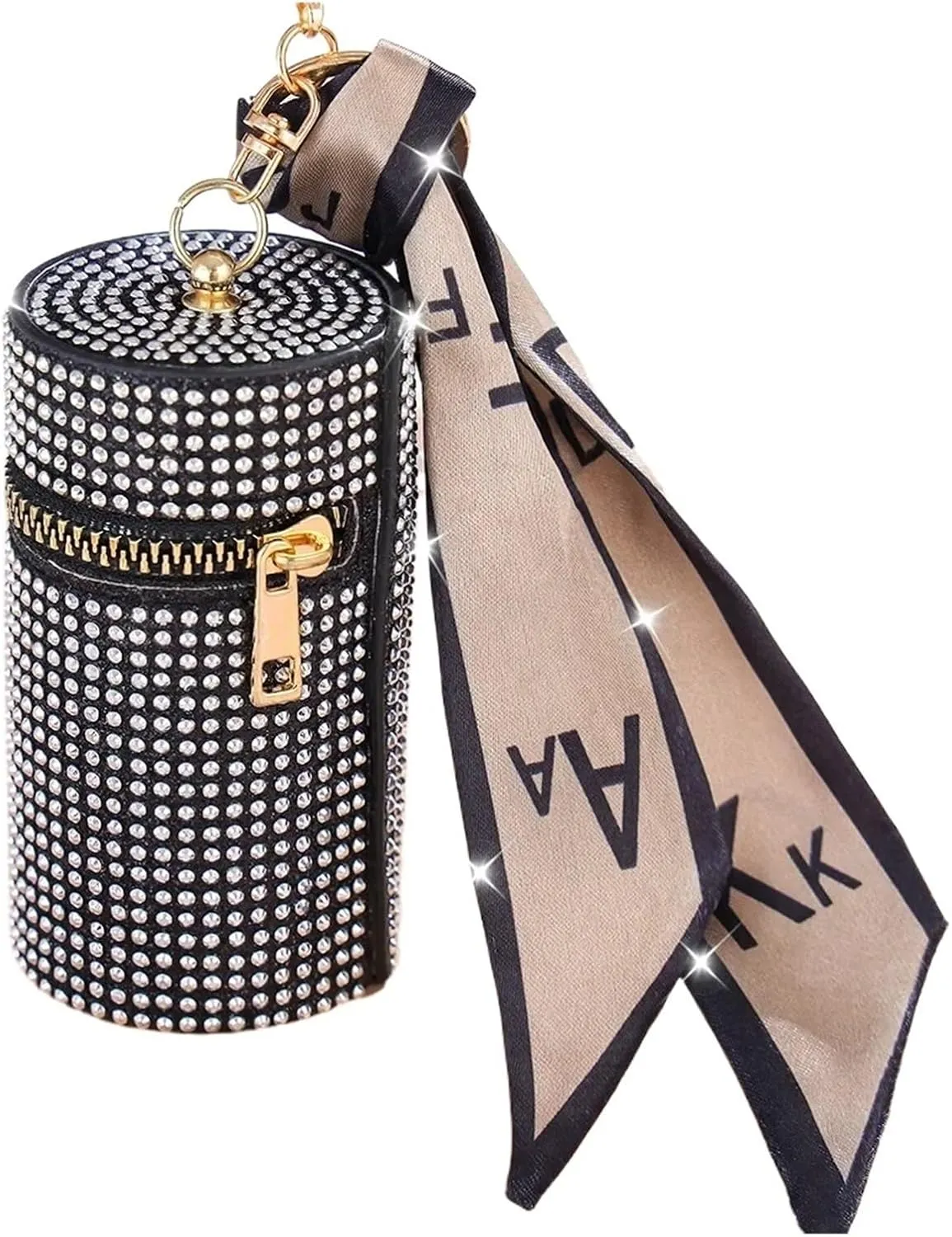 Rhinestone Purse Cylindrical Mini Rhinestone Lipstick Bag With Silk Scarf Keychain Women Portable Zipper Coin Purse Coin Bag(Silver)