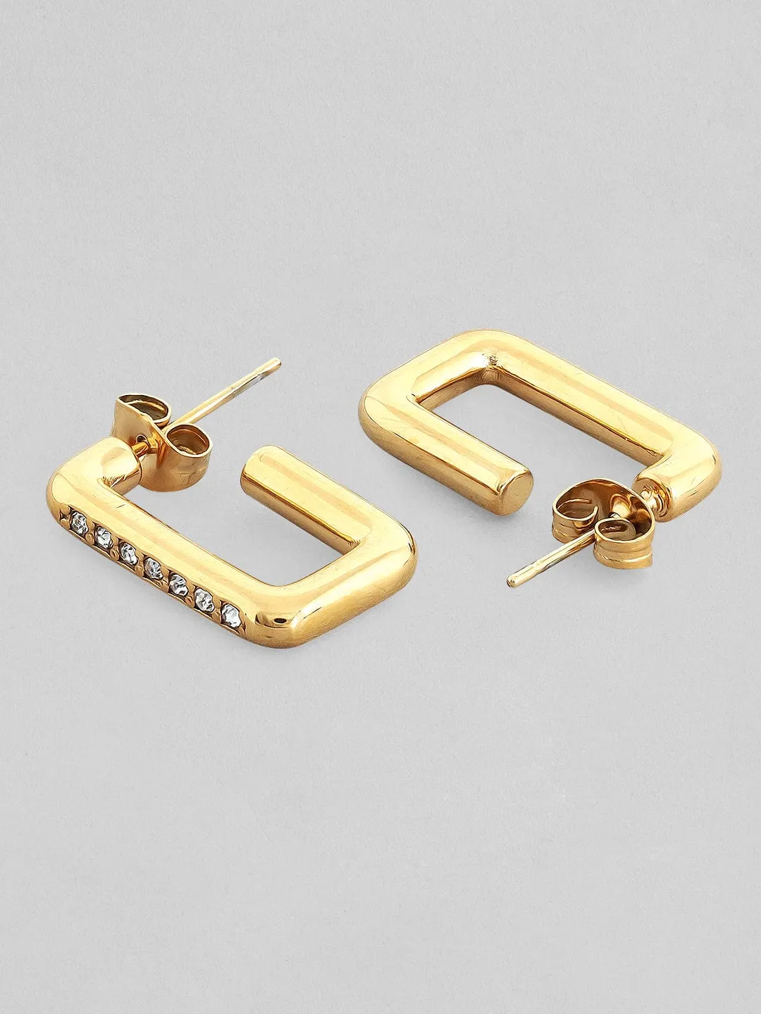 Rubans Voguish 18K Gold Plated Stainless Steel Waterproof Rectangular Hoop Errings With Zircons Studded.