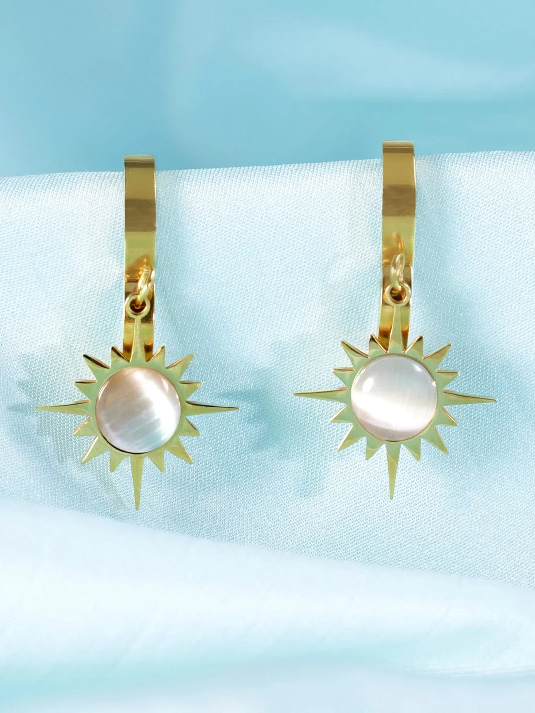Rubans Voguish 22K Gold plated Stainless Steel Waterproof Sunburst Tarnish free Huggie hoop Drop Earrings