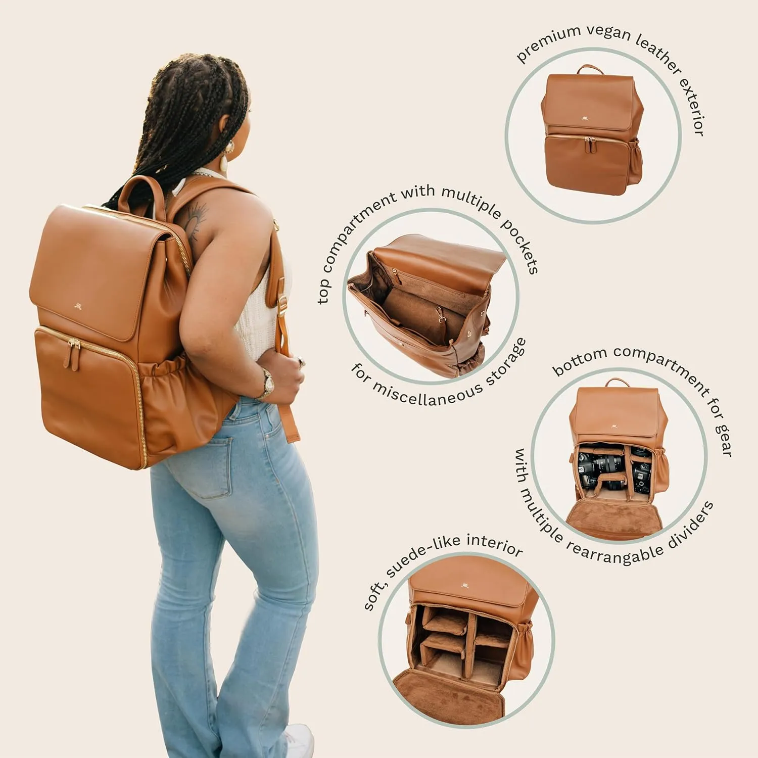 Ruby Camera Backpack  Sleek, Durable Vegan Leather Bag with Gear Dividers, Laptop Compartment, and Side Access for Cameras & Gear, Black