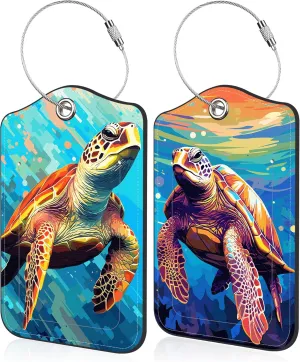 Sea Turtle Luggage Tag for Suitcase 2 Pack Leather Luggage Tag with Privacy Flap Name ID Label and Metal Loop for Women Men Travel