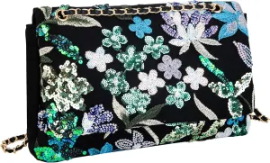 Sequin Embroidered Floral Shoulder Bag, Black and Gold Chain Underarm Purse Evening Clutch for Wedding Party