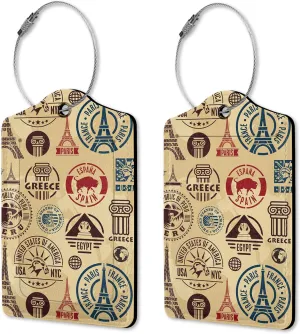 Set of 2 Luggage Tags for Suitcases, Travel Stamp Luggage Tag Leather Cruise Suitcases with Stainless Steel Loop Privacy Cover ID Label Travel Bag Tags Luggage Identifiers for Women Men Travel