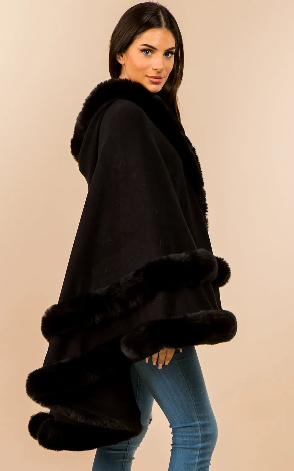 SH3760 Faux Fur Double Trim Cape/Ruana w/Hood