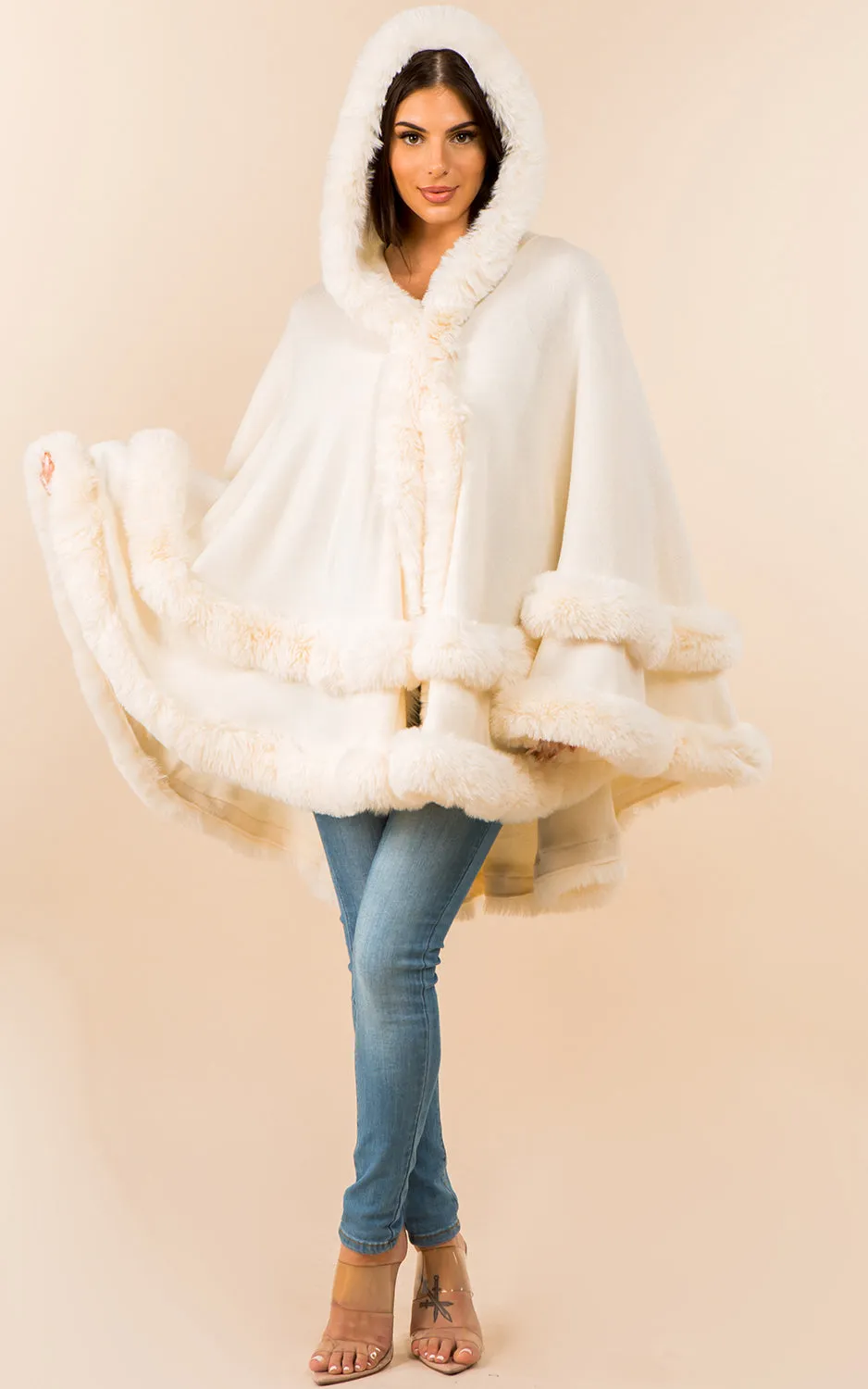 SH3760 Faux Fur Double Trim Cape/Ruana w/Hood