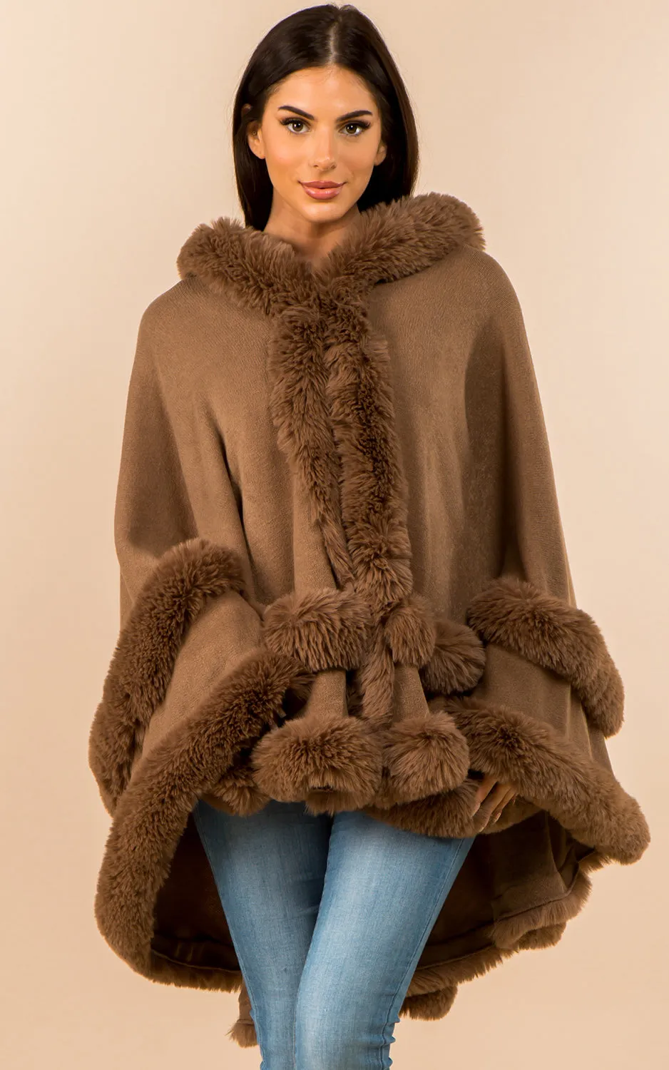 SH3760 Faux Fur Double Trim Cape/Ruana w/Hood