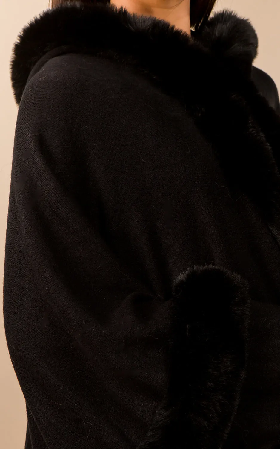 SH3760 Faux Fur Double Trim Cape/Ruana w/Hood