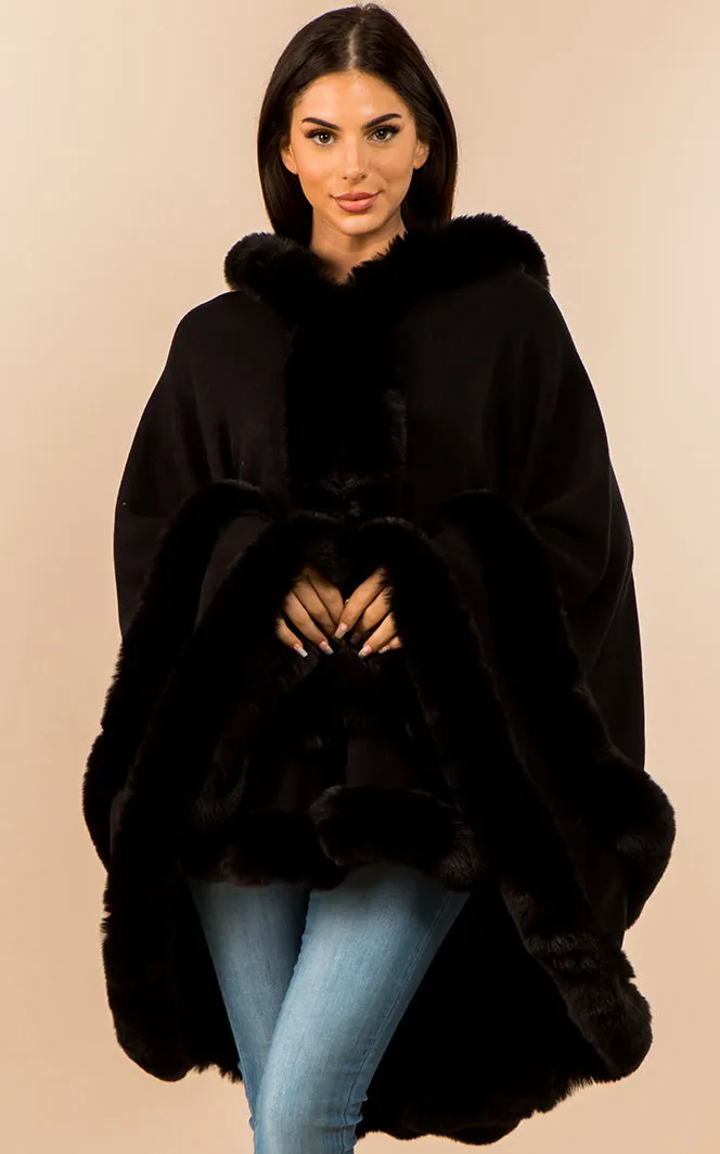 SH3760 Faux Fur Double Trim Cape/Ruana w/Hood
