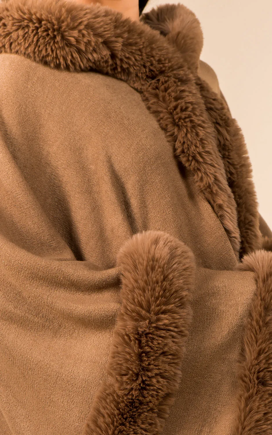 SH3760 Faux Fur Double Trim Cape/Ruana w/Hood