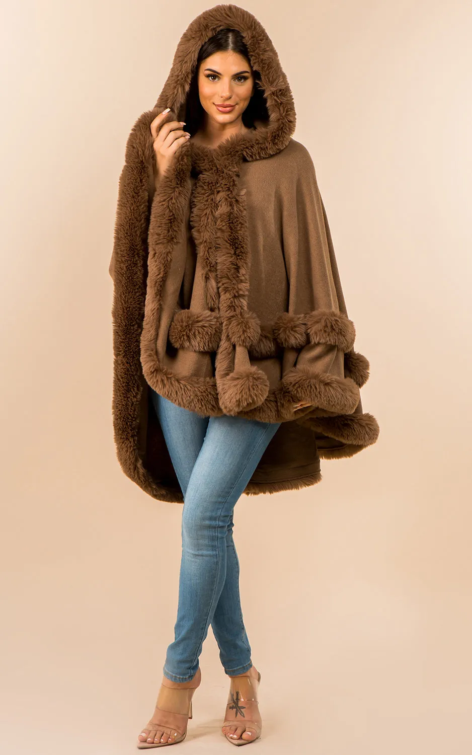SH3760 Faux Fur Double Trim Cape/Ruana w/Hood