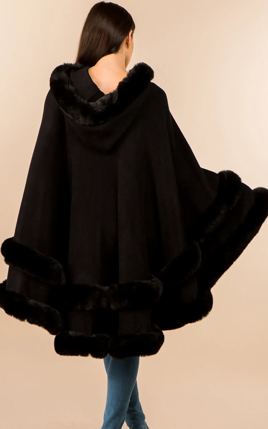 SH3760 Faux Fur Double Trim Cape/Ruana w/Hood