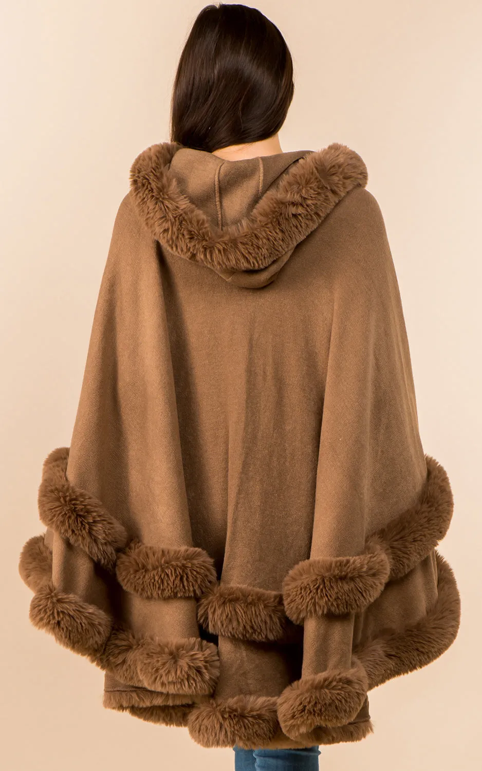 SH3760 Faux Fur Double Trim Cape/Ruana w/Hood
