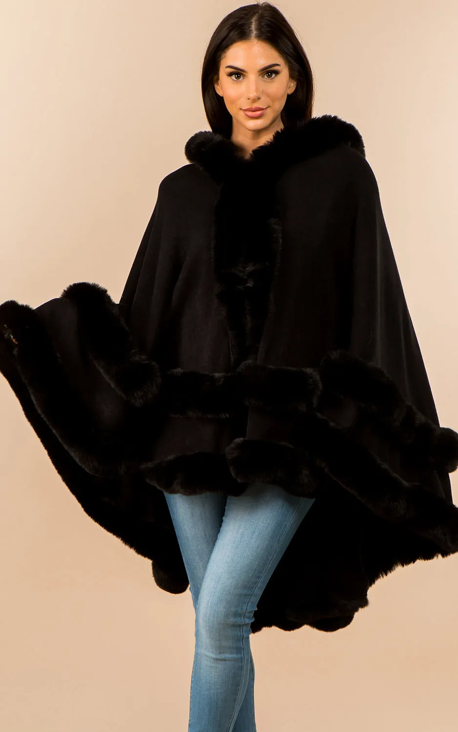 SH3760 Faux Fur Double Trim Cape/Ruana w/Hood