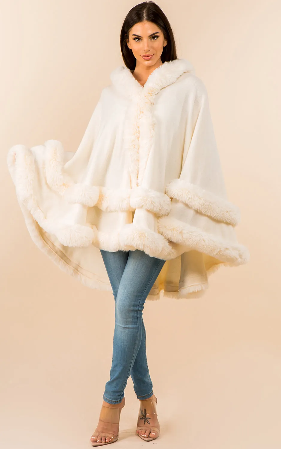 SH3760 Faux Fur Double Trim Cape/Ruana w/Hood