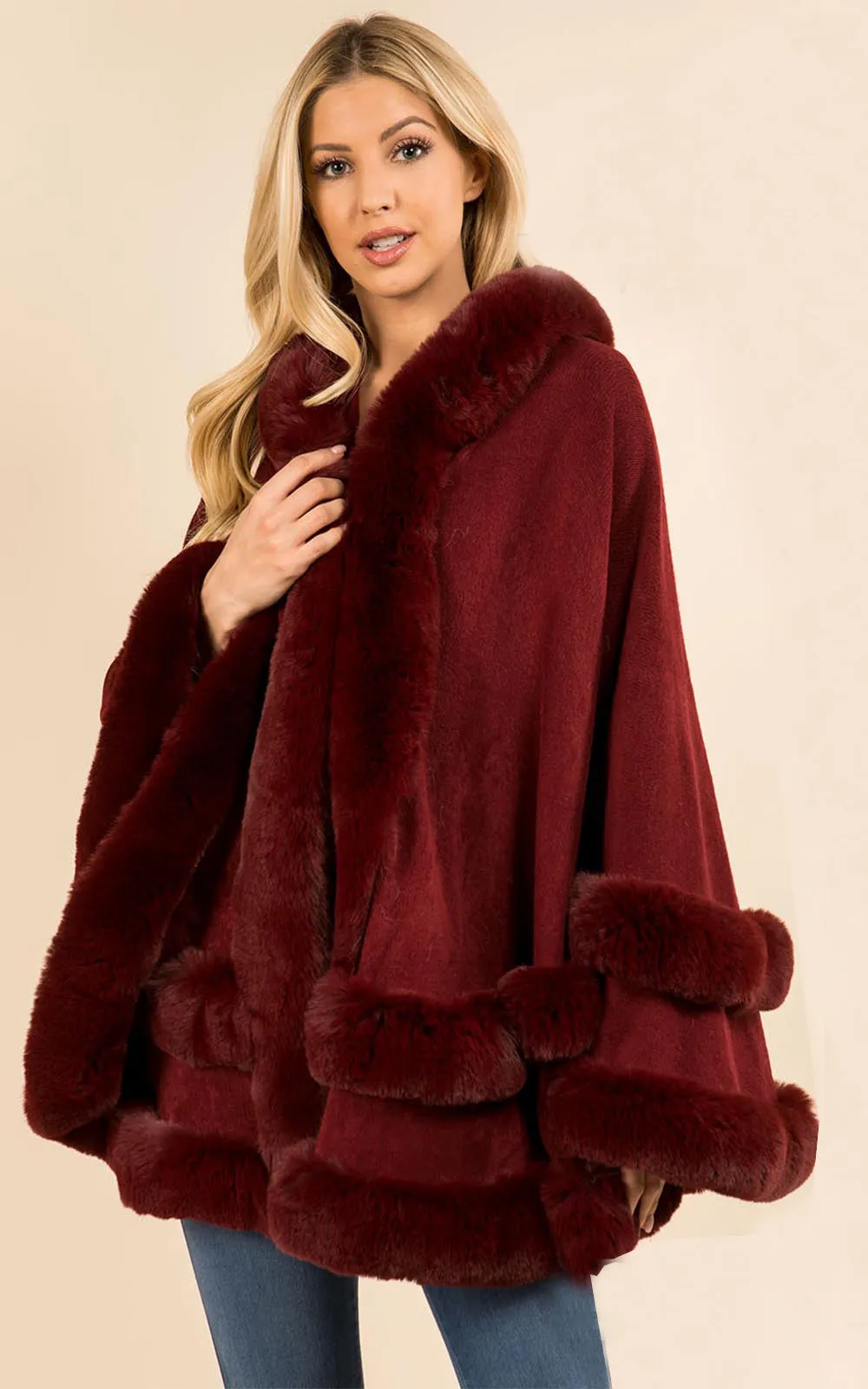 SH3760 Faux Fur Double Trim Cape/Ruana w/Hood