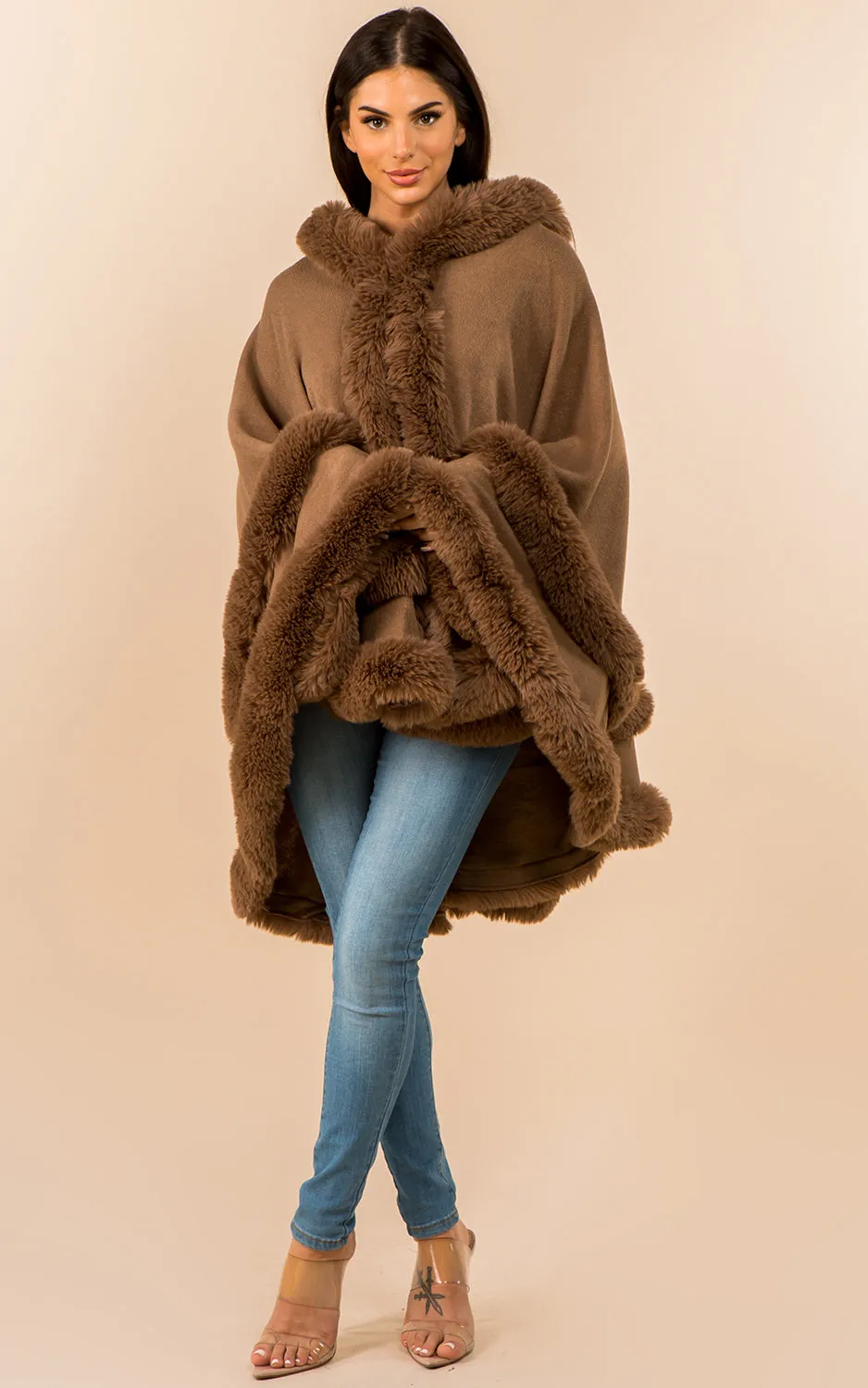 SH3760 Faux Fur Double Trim Cape/Ruana w/Hood