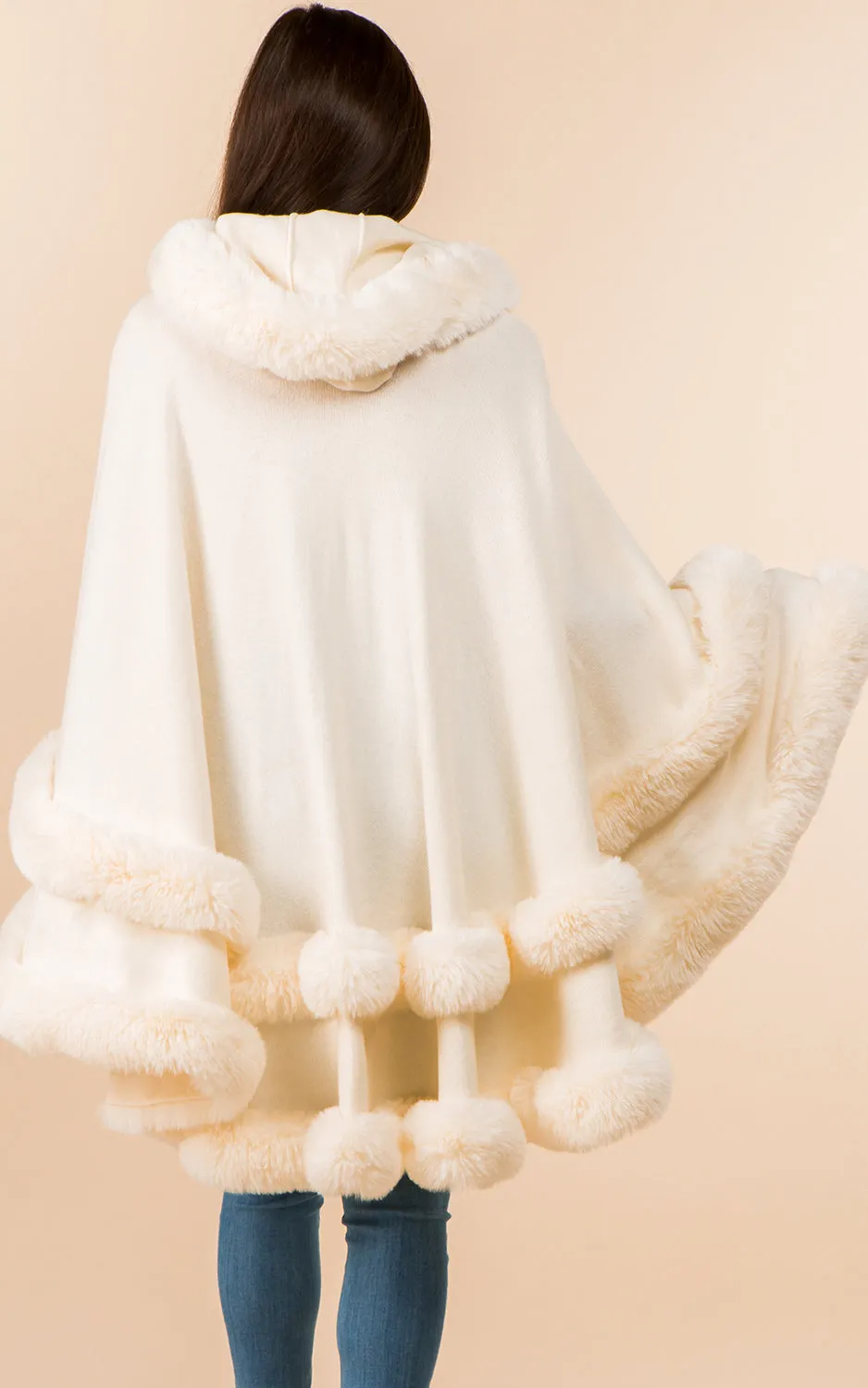 SH3760 Faux Fur Double Trim Cape/Ruana w/Hood