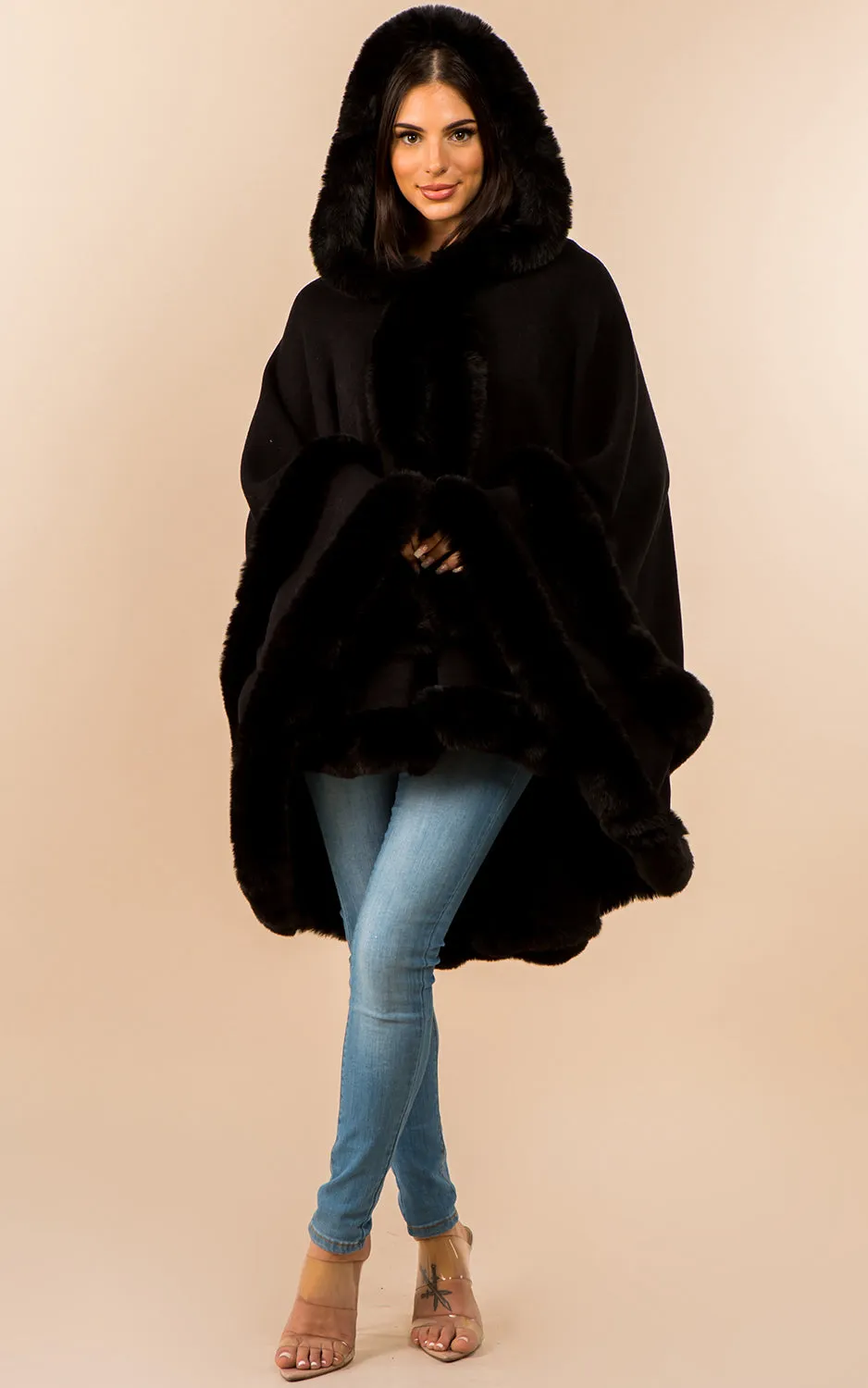 SH3760 Faux Fur Double Trim Cape/Ruana w/Hood