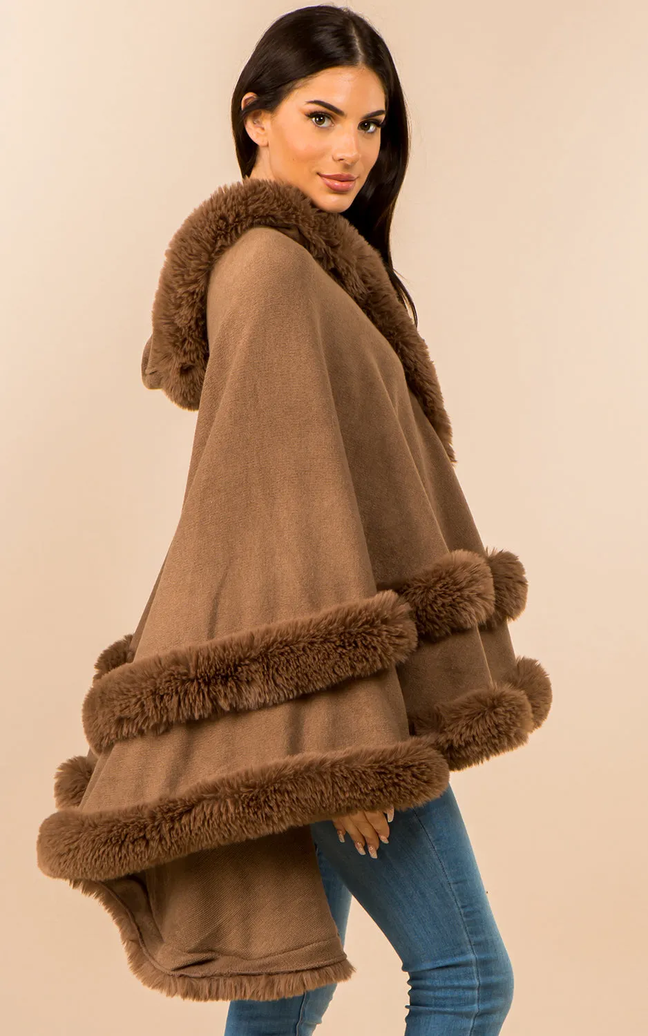 SH3760 Faux Fur Double Trim Cape/Ruana w/Hood
