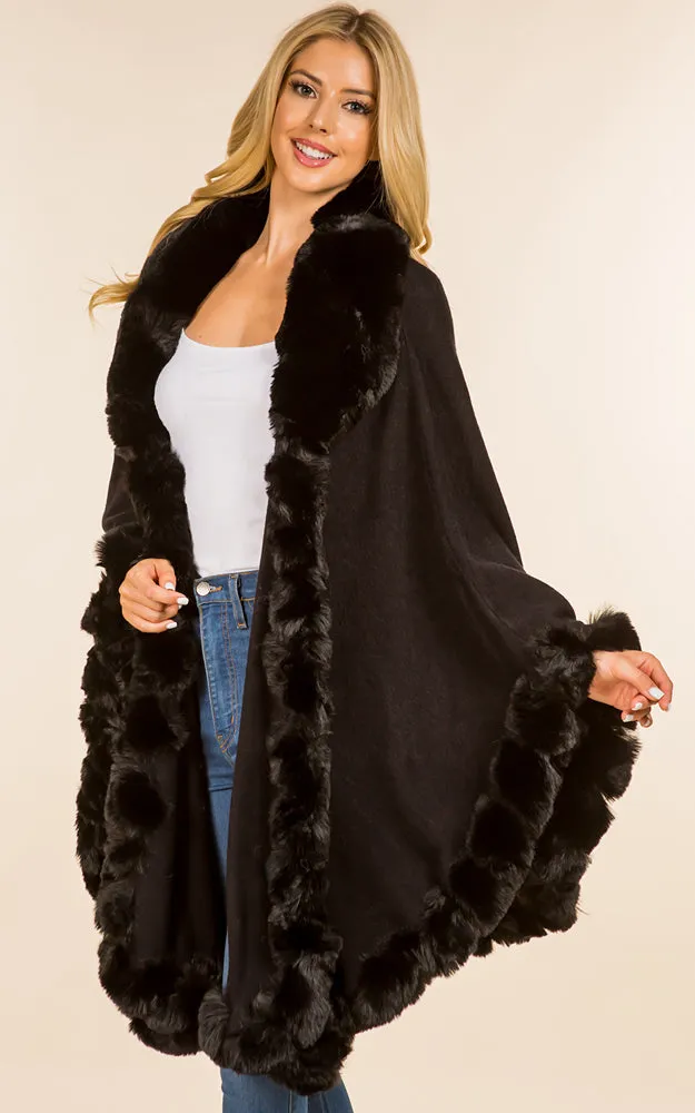 SH4214 Faux Fur Double Trim Cape/Ruana w/Hood