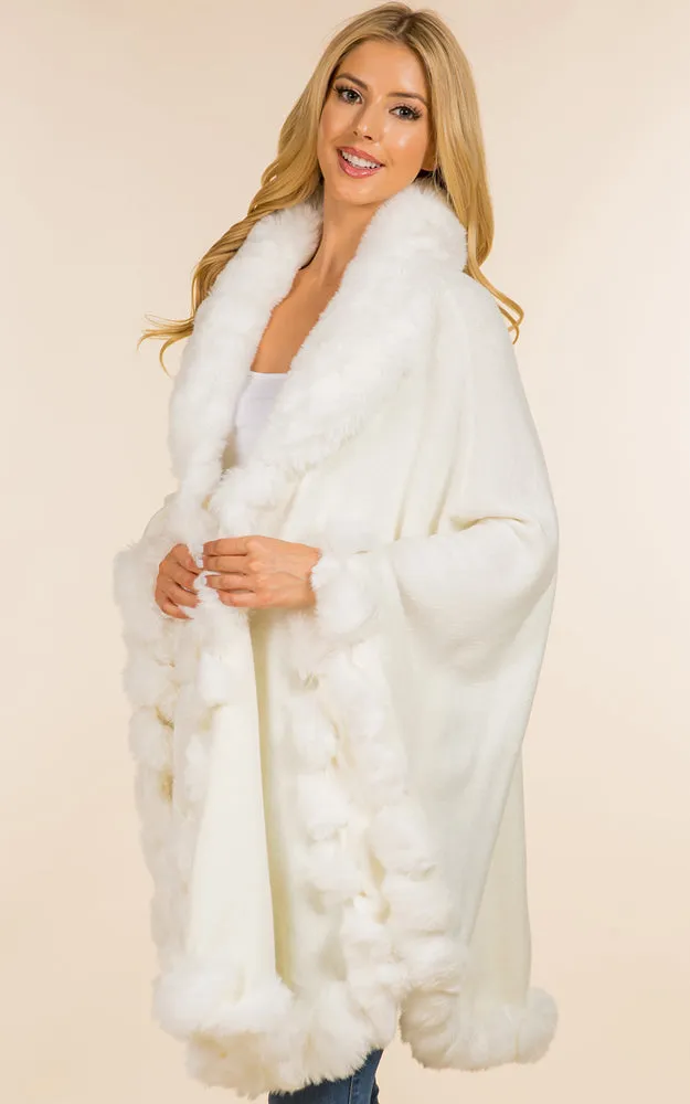 SH4214 Faux Fur Double Trim Cape/Ruana w/Hood
