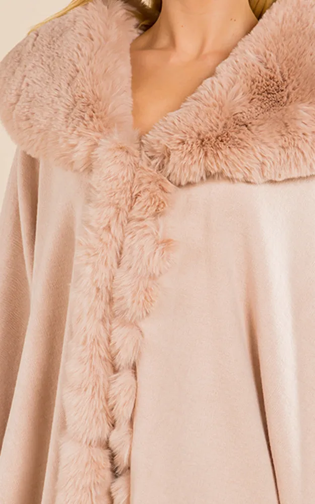 SH4214 Faux Fur Double Trim Cape/Ruana w/Hood