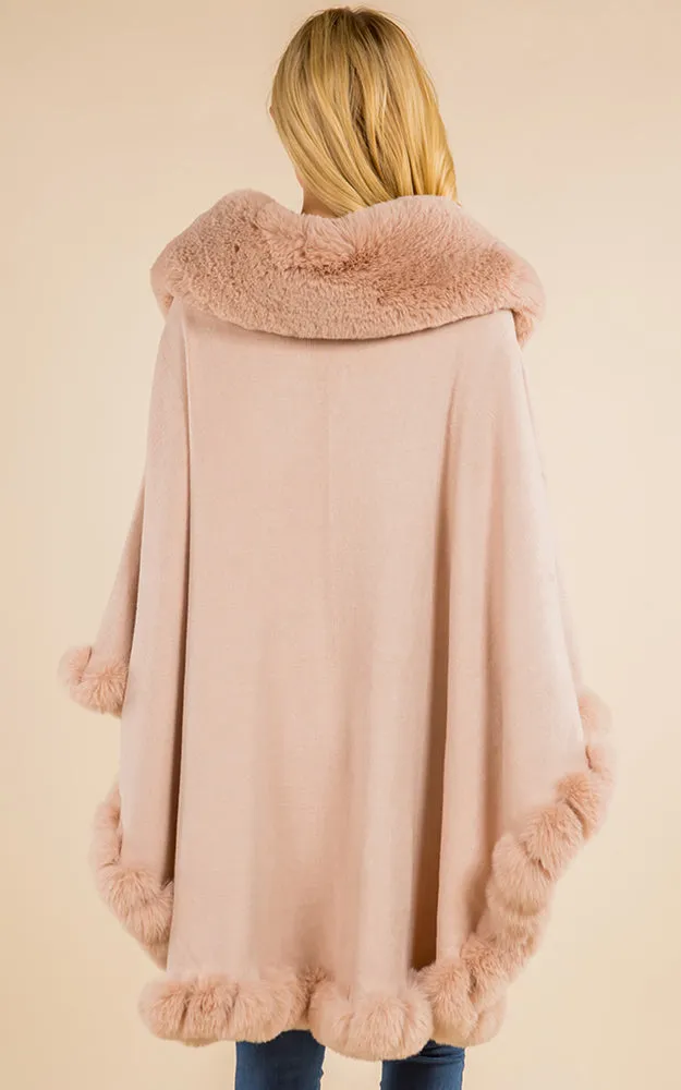 SH4214 Faux Fur Double Trim Cape/Ruana w/Hood