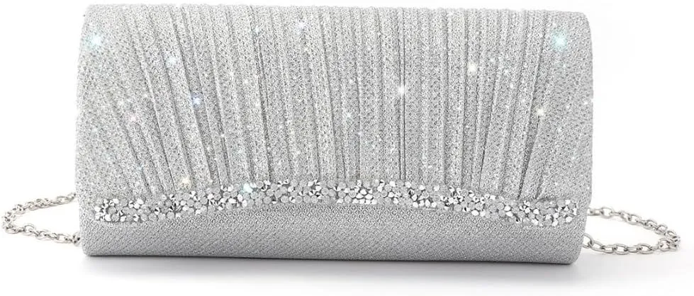 Silver Bags for Women Evening Bag Clutch Purse with Metal Chain New Elegant Ladies Sparkly Purse Handbag Wedding Bag