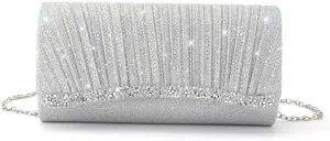 Silver Bags for Women Evening Bag Clutch Purse with Metal Chain New Elegant Ladies Sparkly Purse Handbag Wedding Bag