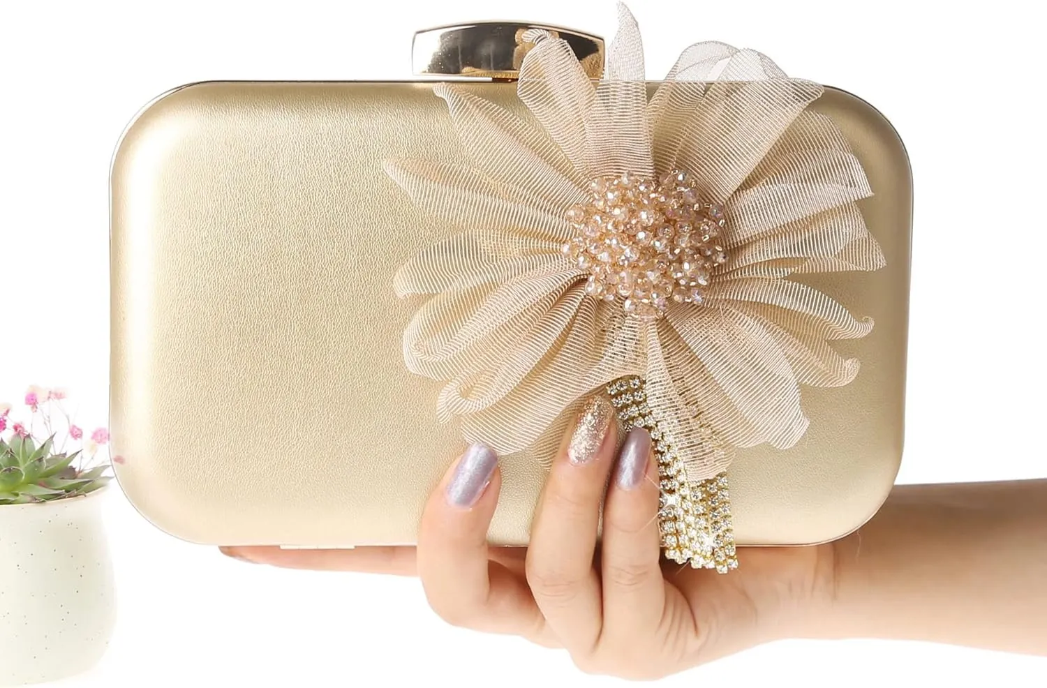 SJSfashion Flower Clutch Purse with crystal trimming Floral Evening Wedding Bag Bridal shoulder Handbag