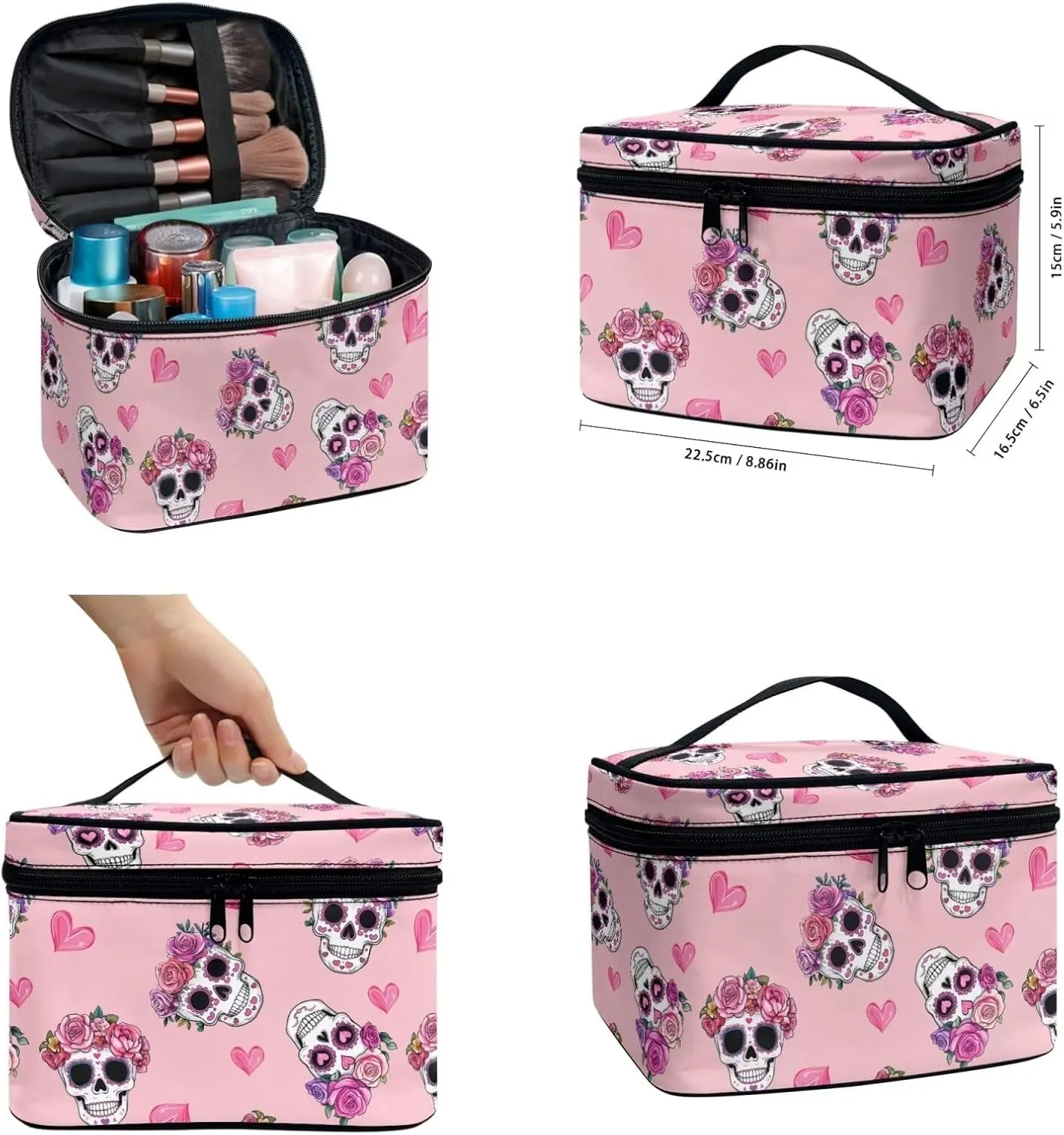 Skull Large Capacity Makeup Bag Horror Aesthetic Cosmetic Pouch Rose and Heart Print Wash Bags with Inner Pockets 3 Pcs Valentine's Day Pink Toiletry Pouch