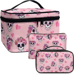 Skull Large Capacity Makeup Bag Horror Aesthetic Cosmetic Pouch Rose and Heart Print Wash Bags with Inner Pockets 3 Pcs Valentine's Day Pink Toiletry Pouch