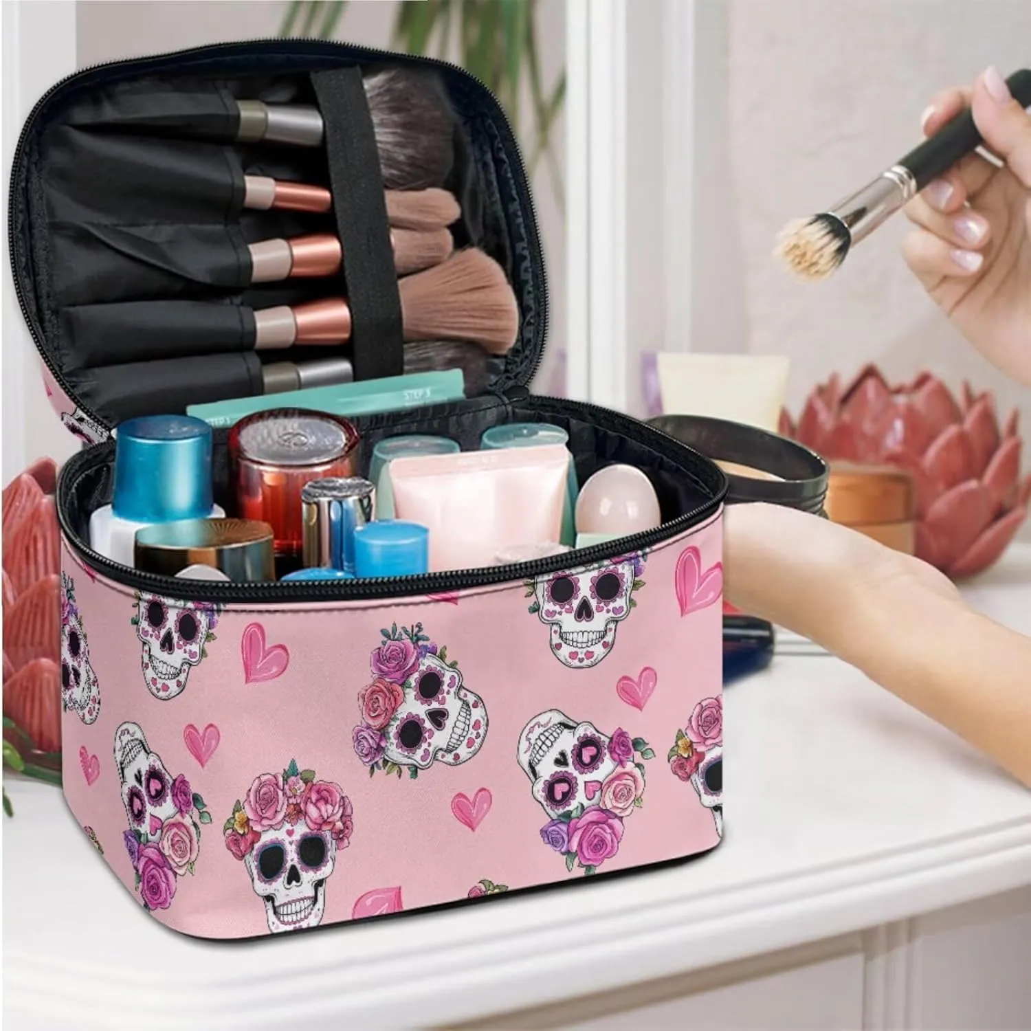 Skull Large Capacity Makeup Bag Horror Aesthetic Cosmetic Pouch Rose and Heart Print Wash Bags with Inner Pockets 3 Pcs Valentine's Day Pink Toiletry Pouch