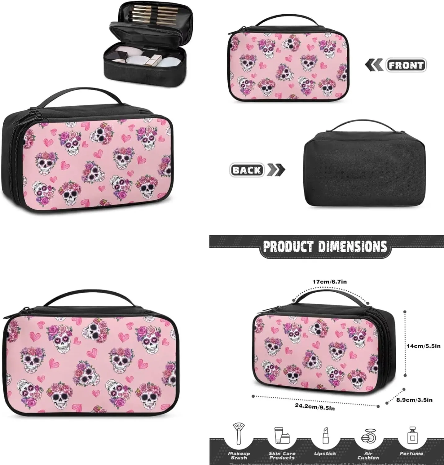 Skull Large Capacity Makeup Bag Horror Aesthetic Cosmetic Pouch Rose and Heart Print Wash Bags with Inner Pockets 3 Pcs Valentine's Day Pink Toiletry Pouch