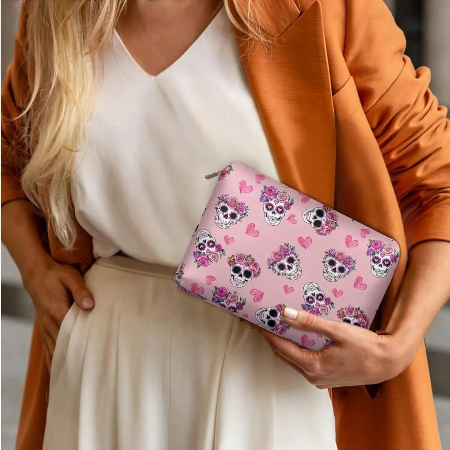 Skull Large Capacity Makeup Bag Horror Aesthetic Cosmetic Pouch Rose and Heart Print Wash Bags with Inner Pockets 3 Pcs Valentine's Day Pink Toiletry Pouch