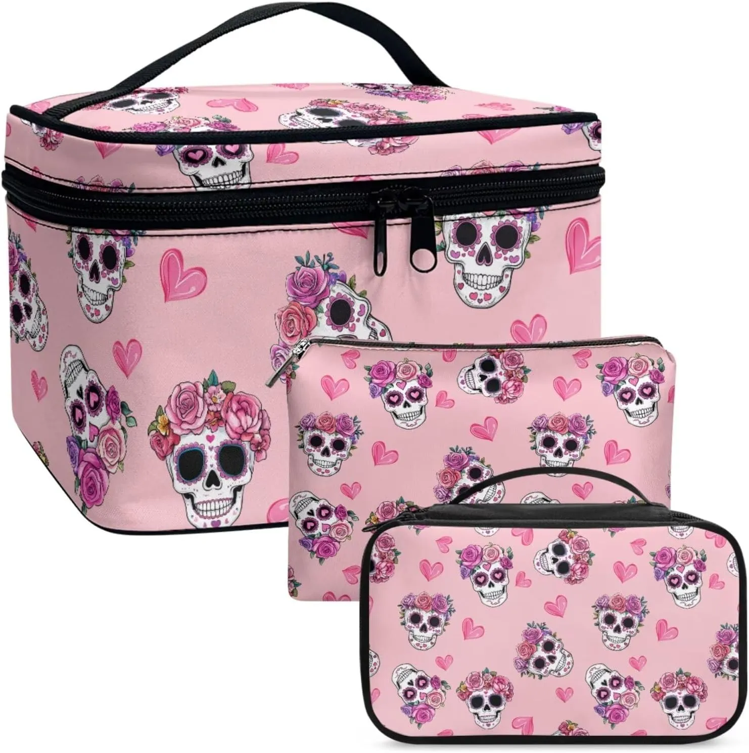 Skull Large Capacity Makeup Bag Horror Aesthetic Cosmetic Pouch Rose and Heart Print Wash Bags with Inner Pockets 3 Pcs Valentine's Day Pink Toiletry Pouch