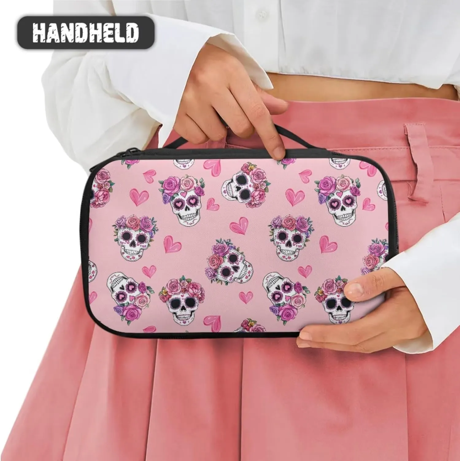 Skull Large Capacity Makeup Bag Horror Aesthetic Cosmetic Pouch Rose and Heart Print Wash Bags with Inner Pockets 3 Pcs Valentine's Day Pink Toiletry Pouch
