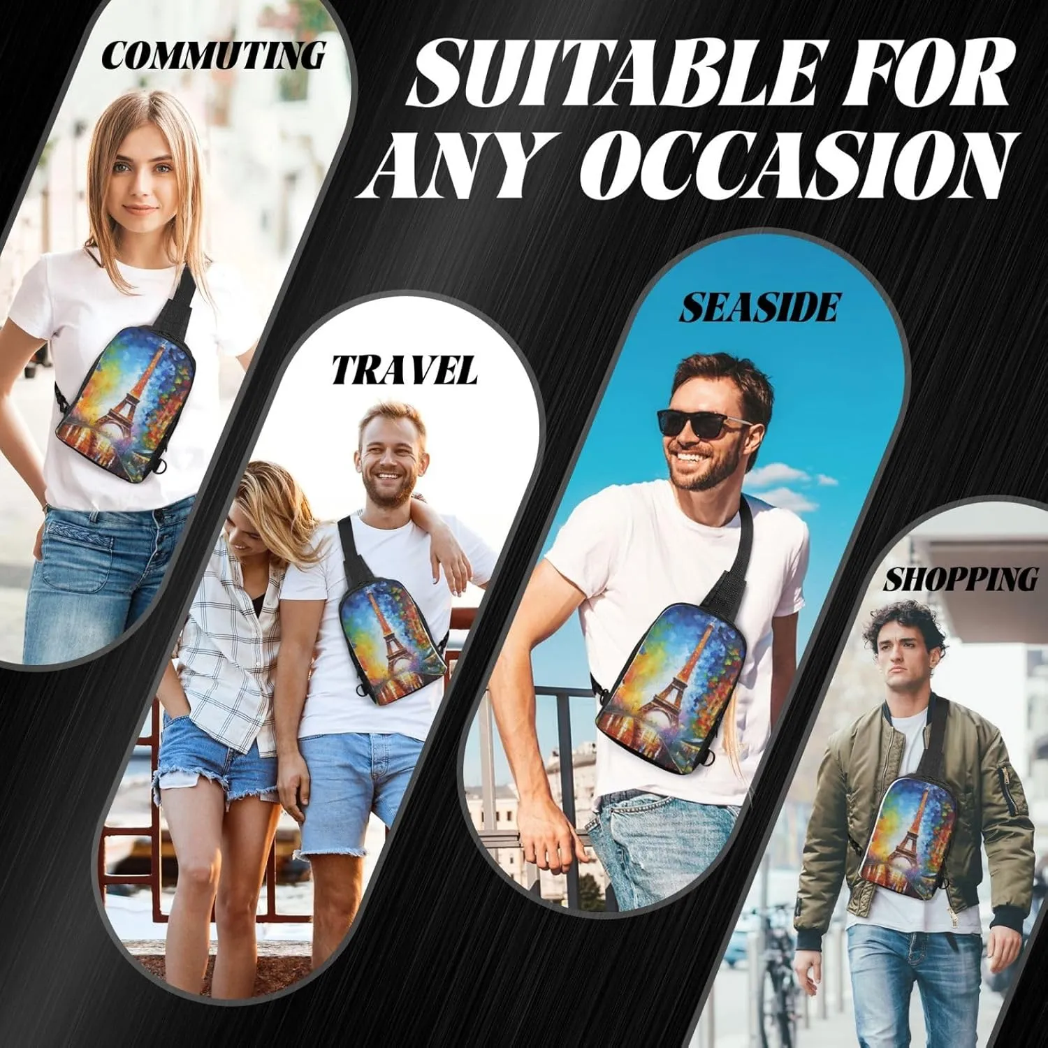 Sling bag for Women Men Trendy Sling Bakpack Casual Chest Bag Paris Eiffel Painting Fanny Pack for Travel Hiking