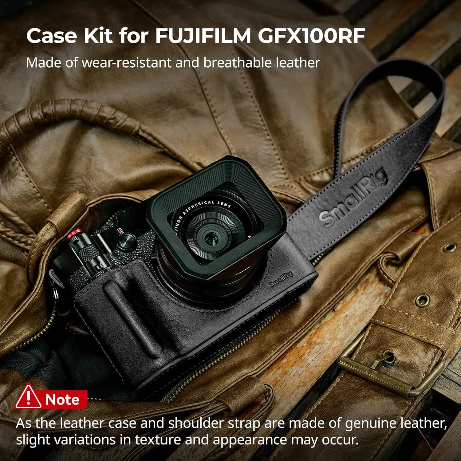 SmallRig GFX100RF Leather Case Kit for FUJIFILM, Including Leather Case with Back Wood Thumb Panel, Shoulder Strap and Concave Shutter Button Cap, Comfortable and Protecting (Black) -5267