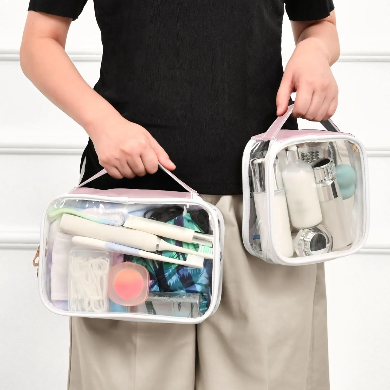 Solid Light Pink Clear Makeup Bags TSA Approved Toiletry Bag for Women Men Cosmetic Bags with Handle Carry On Airport Airline Compliant Bag Quart Size PVC Travel Bags for Toiletries Liquids, 2 Pack