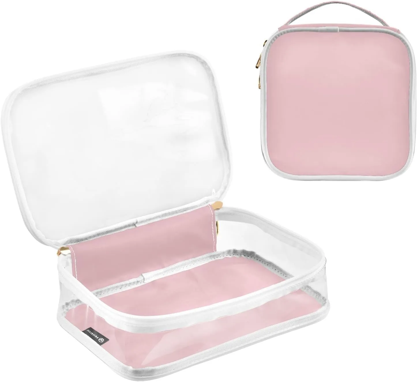 Solid Light Pink Clear Makeup Bags TSA Approved Toiletry Bag for Women Men Cosmetic Bags with Handle Carry On Airport Airline Compliant Bag Quart Size PVC Travel Bags for Toiletries Liquids, 2 Pack