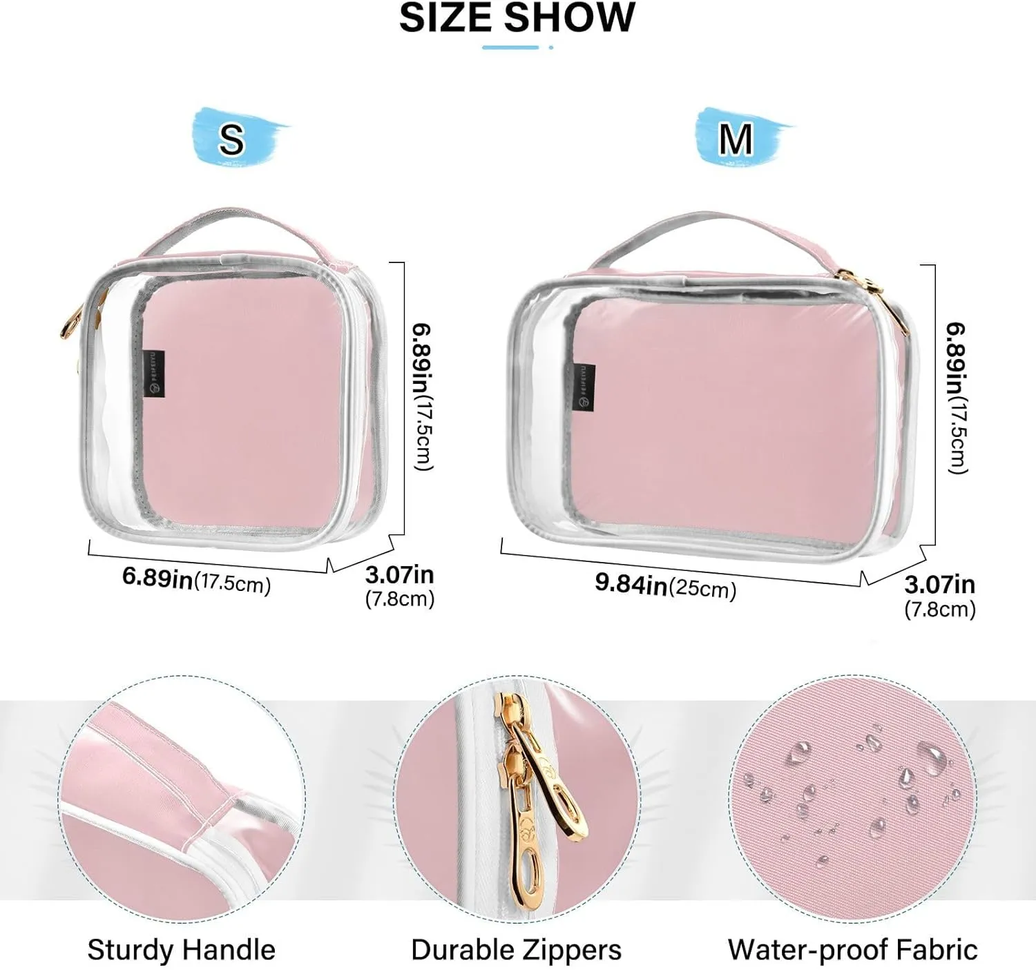Solid Light Pink Clear Makeup Bags TSA Approved Toiletry Bag for Women Men Cosmetic Bags with Handle Carry On Airport Airline Compliant Bag Quart Size PVC Travel Bags for Toiletries Liquids, 2 Pack