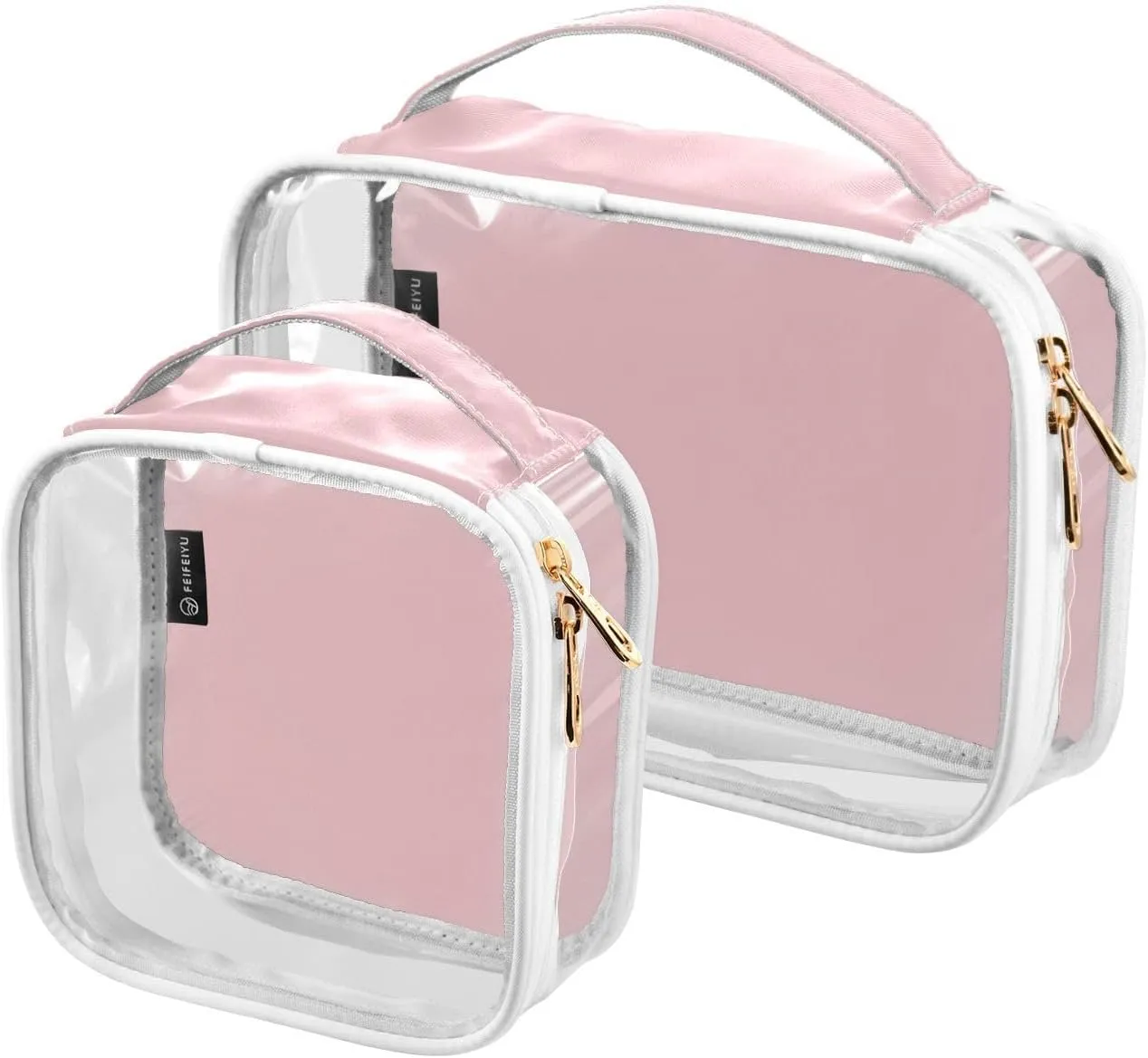 Solid Light Pink Clear Makeup Bags TSA Approved Toiletry Bag for Women Men Cosmetic Bags with Handle Carry On Airport Airline Compliant Bag Quart Size PVC Travel Bags for Toiletries Liquids, 2 Pack